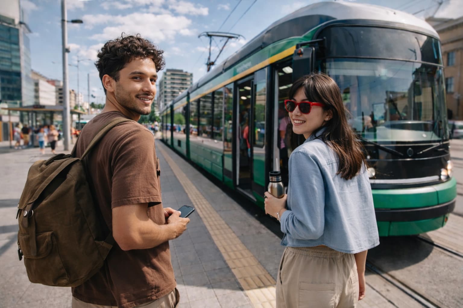 Två personer som väntar på en spårvagnshållplats